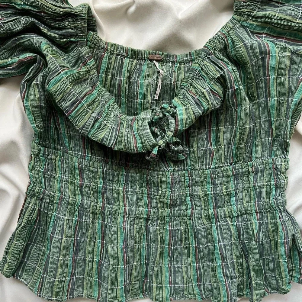 Free People Viva Smocked Green Stripe Top